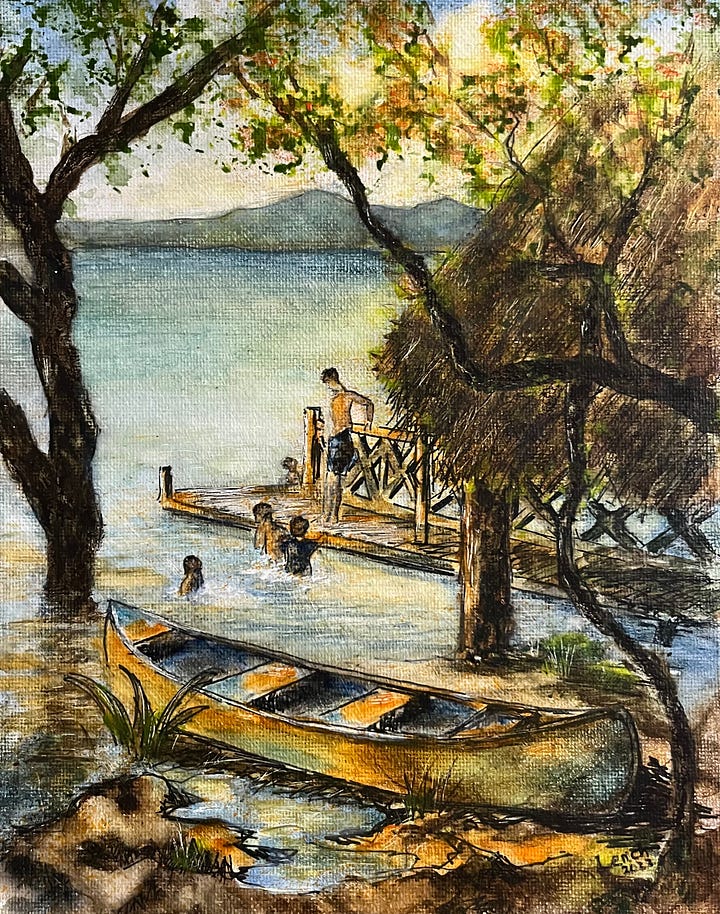 Four pictures, all have boats in them. Number 1 is an ink and watercolor of a canoe pulled up on shore in the foreground with several boys swimming and diving off of the dock a short ways away. Picture two is of two blue canoes in the foreground at right angles to one another partially in the water and part on shore. The third is of three women standing among three red and orange kayaks, each holding their paddle like rods in their right hands. Fourth picture is of two women, each in life jackets sitting in their kayaks on the water with their paddles across the the kayaks in front of them.