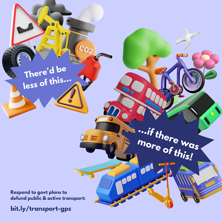 Illustrated 3D images of buses, trains, and other modes of transport illustrating their importance and encouraging people to respond to the government's transport general policy statement via our submission guide.