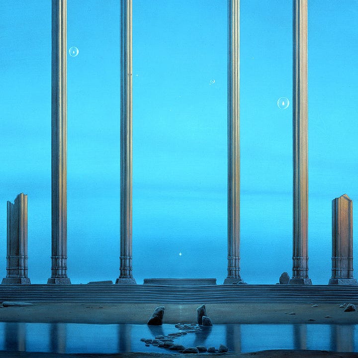 LEFT: Detail from THE AVATAR featuring the top of the arches standing tall against a calm cerulean sky. A transparent sphere containing a solitary flame floats prominently through the center while another has already passed through the left arch. RIGHT: Detail from THE AVATAR featuring the vertical lines of the columns reflecting in standing water. A path of stones winds across the shallow tidal pool.