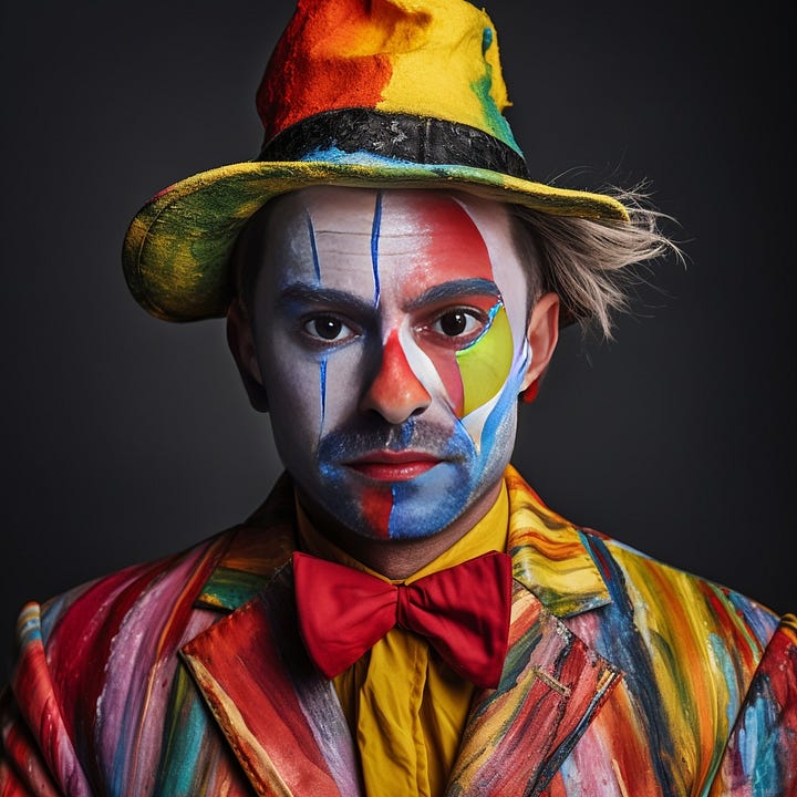 Man in clown makeup, original vs. Daniel face