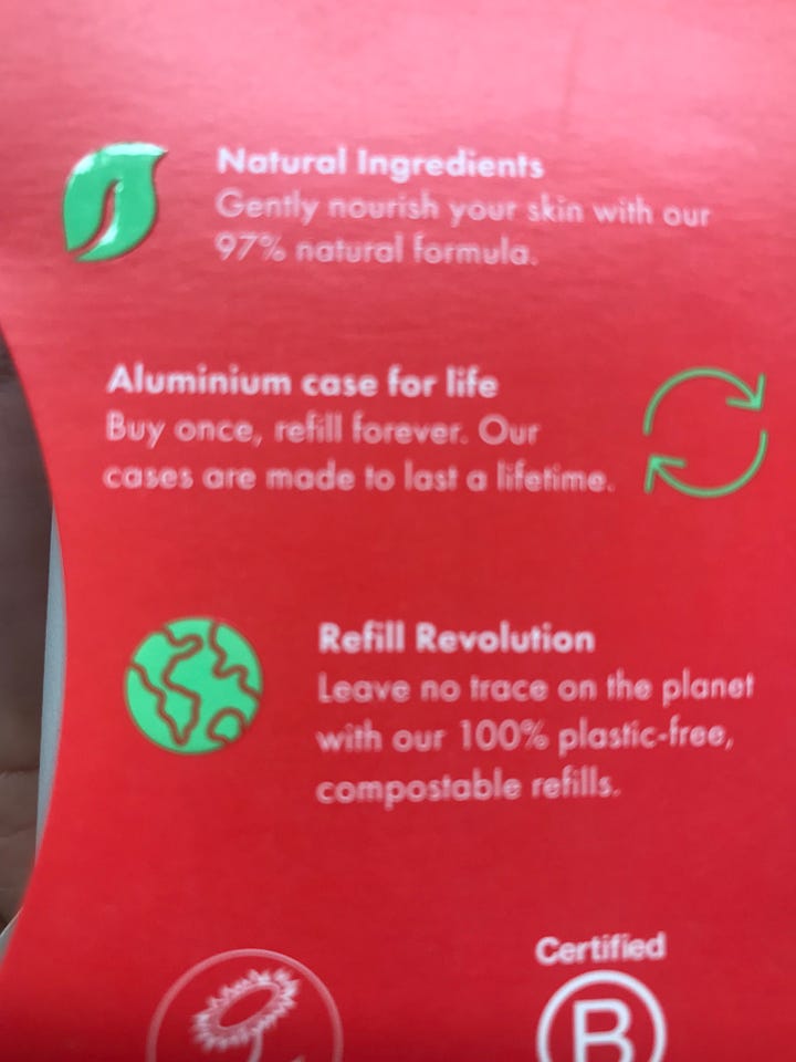 Bright images of refillable deodorant, packaging details promoting long lasting aluminium re-usable deodorant cases and wooden clothes pegs on sale; all images from local store shelves