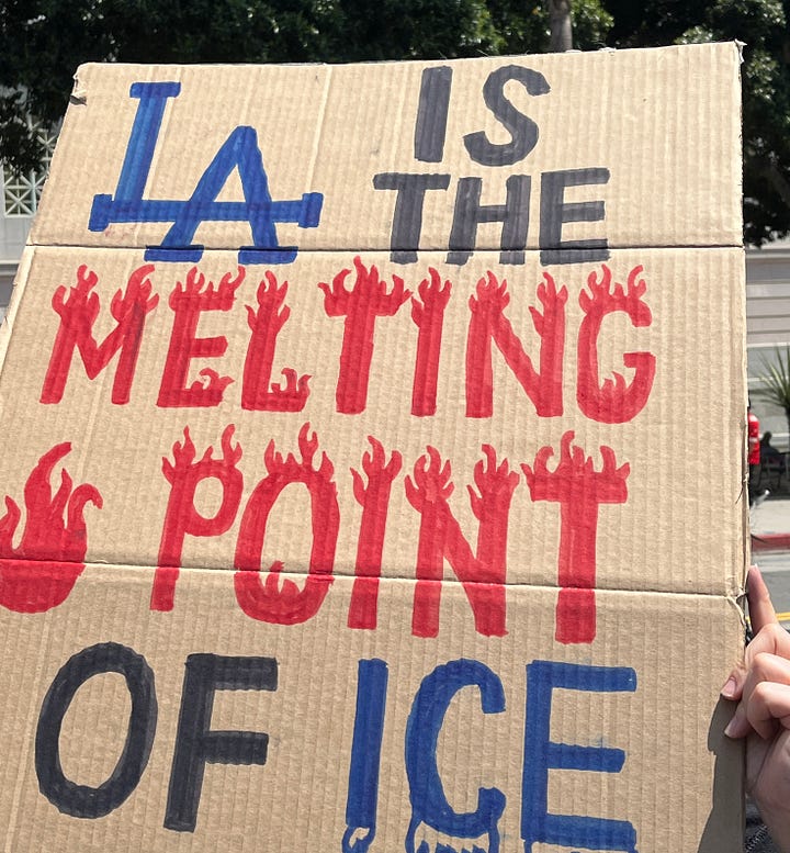 A gallery of four images: a photo of a sign made of the big letters "SGF", a screenshot of a photography game, a cardboard sign that states "LA is the Melting Point of ICE" and a screenshot of three teenagers hanging out in a bedroom