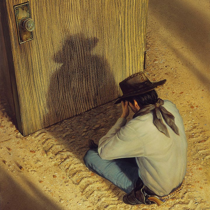 LEFT: Close detail of the yellow and brown woodgrain of a door. At the top is a sign with cracking paint that reads"The ARTIST." On the lower left a doorknob marked with the X of two crossing paint brushes sits on a metal plate rusted and peeling. RIGHT: Detail from THE ARTIST'S DOOR featuring Roland sitting cross legged with head in hands. His cowboy hat is hand stitched. His head dips, and the long ends of a dark handkerchief tied at his neck fall on the back of his light gray shirt. His gun is holstered at his hip and the brass heads of bullets wind around the back of his waist.