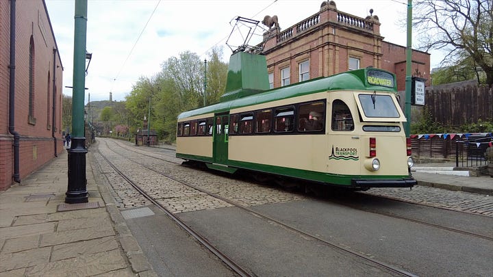 Blackpool 630 electric tram and the Leeds 180 electric tram at Crich Tramway Village, Crich, Derbyshire.  Image: Roland's Travels