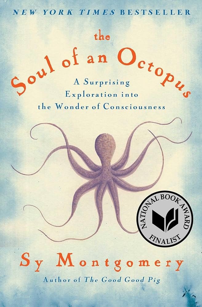 Shown above: 'Of Time and Turtles' by Sy Montgomery, 'Happy Place' by Emily Henry, 'The Soul of An Octopus' by Sy Montgomery, and 'A Curious Beginning' by Deanna Raybourn