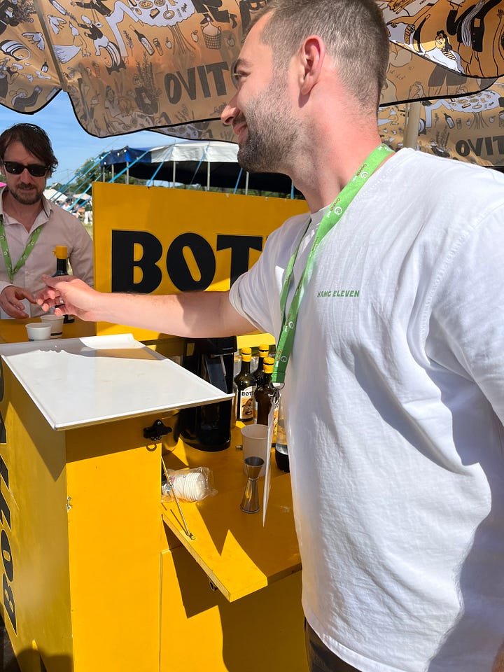 Three images of people at the Botivo drinks stand at the Groundswell regen farming event. Fourth image is of the entrance to the Botivo brewery on Lannock Farm in north Hertfordshire