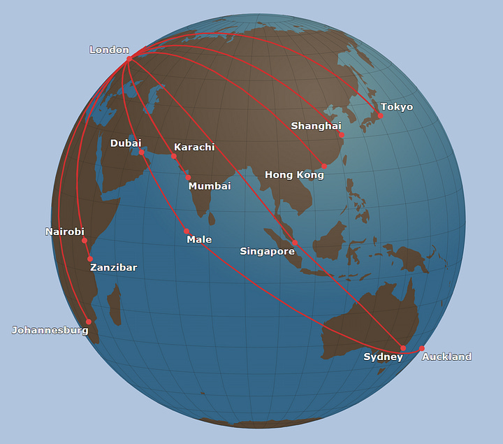 Two graphics displaying the route maps for Ambient Airlines including routes from London-LHR to the Americas (L), and routes from London-LHR to the rest of the world (R). 