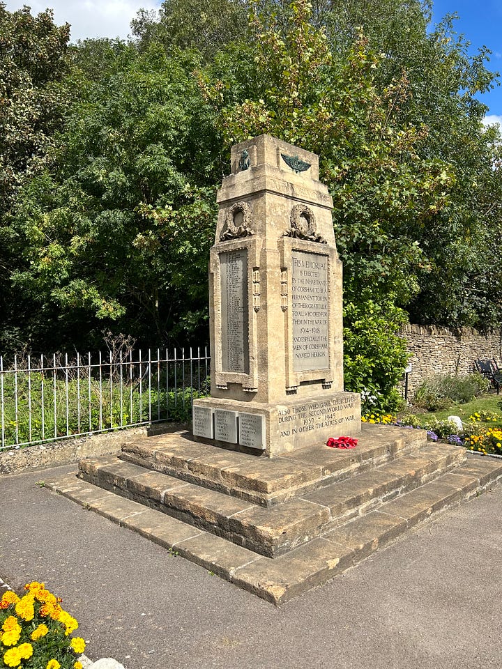 The Corsham Almshouses, gates to Corsham Court, the Methuen Coat of Arms and the war memorial.  Images: Roland's Travels