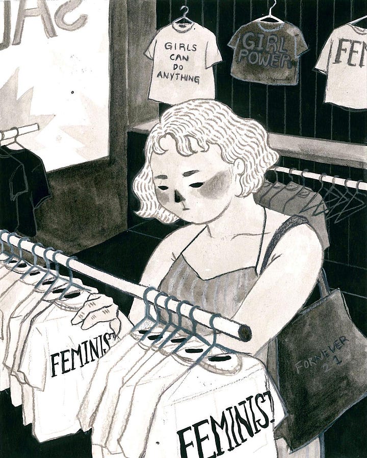 L: an illustration of a girl wearing a mask and sewing a shirt that reads "feminist", R: an illustraion of a different girl browsing those shirts as they hang in a store