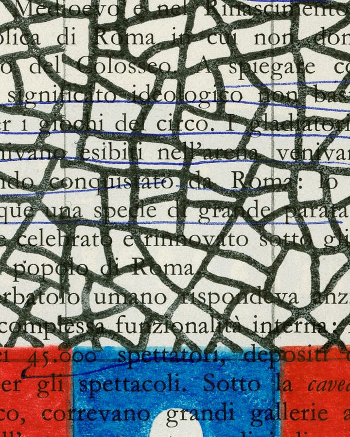 Gianpaolo Pagni, STORIA DELL'ARTE ITALIANA VOL.1 (n.020), (rubber stamp, pencil, ballpoint pen, fountain pen, and fluorescent highlighter on school book), 2024 [© Gianpaolo Pagni]