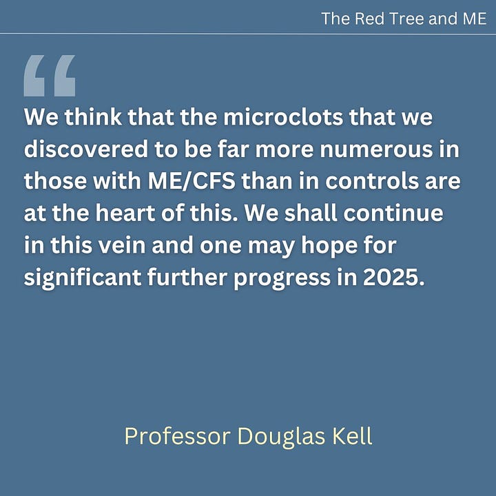 The way diseases get identified, understood, controlled and cured is through scientific investigations, ranging from epidemiology to the molecular. There is a large and growing band of scientists, albeit not well funded, doing everything we can to make progress in each of these sub-fields. The origins of post-viral diseases (including both Long COVID and ME/CFS) are clear, and to my eyes the underlying mechanism consequent upon the initial infection is what is called in traditional Chinese Medicine “blood stasis”. We think that the microclots that we discovered to be far more numerous in those with ME/CFS than in controls are at the heart of this. We shall continue in this vein and one may hope for significant further progress in 2025. The scientists are with you and have your back.