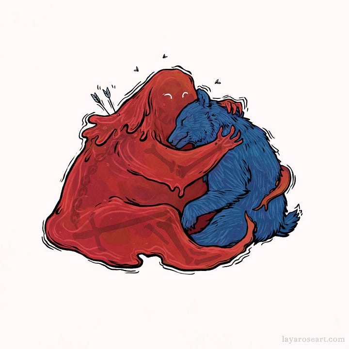 Image 1: Digital illustration of a bright red blobby creature hugging a blue bear, both with happy closed eyes. The shapeshifter has swords bones and chains visible in her body, some arrows sticking out of her shoulder, and flies buzzing around her head. The art has black wiggly lineart. Image 2: simple digital illustration in a solid crayony style of a red blob creature hugging a bright blue bear. They both have happy closed eyes. The shapeshifter has various objects like swords and chain inside its body, and is wearing a witch hat and has some arrows sticking out of her shoulder. layaroseart.com written in the corner.