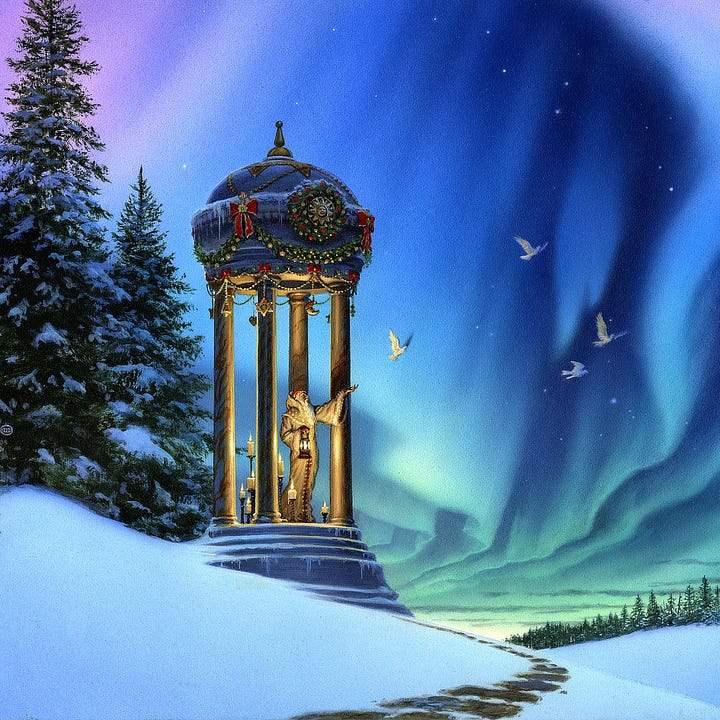 LEFT: Detail from NORTHERN LIGHTS a tiny gazebo with a round dome set in a wintry scene with a backdrop of an aurora rippling through the night sky. A wizardly figure in robes holds a lantern in one hand and releases doves with the other. RIGHT: Close detail from NORTHERN LIGHTS featuring a wizardly figure in robes holding a lantern in his offhand. He gestures with the other hand and doves flutter into the sky. His long white beard trails down his chest. He wears a red cap and cream colored robes with fringed bell sleeves. 