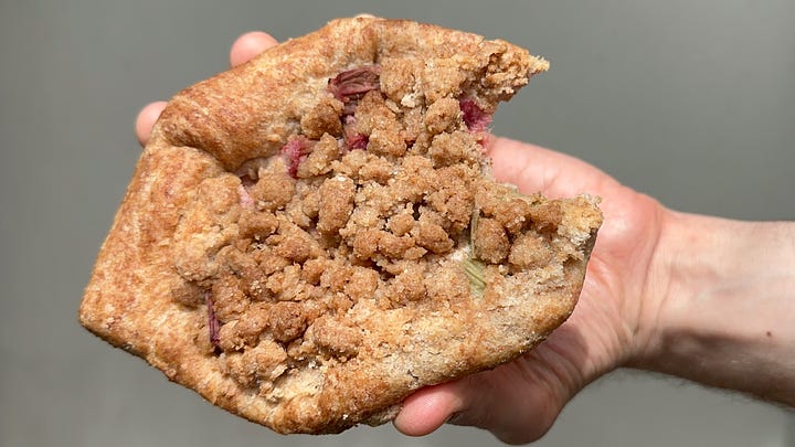 A whole-grain rhubarb and streusel pastry from biokaiser (Mainz), Rhubarberschnecken from Zeit fur Brot (Heidelberg), Rhubarb shortbread thing from liesbeth (Mainz), and a Rhubarb danish from Pâtisserie Charles Schmitt (Colmar)