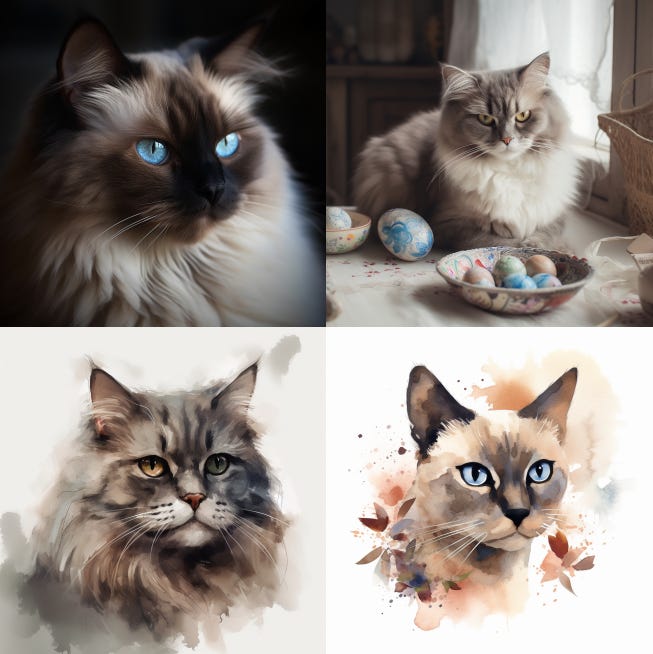 Grids of cat images generated by Stable Diffusion and Midjourney