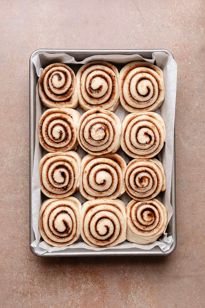Images showing steps to make vegan cinnamon rolls topped with cream cheese frosting