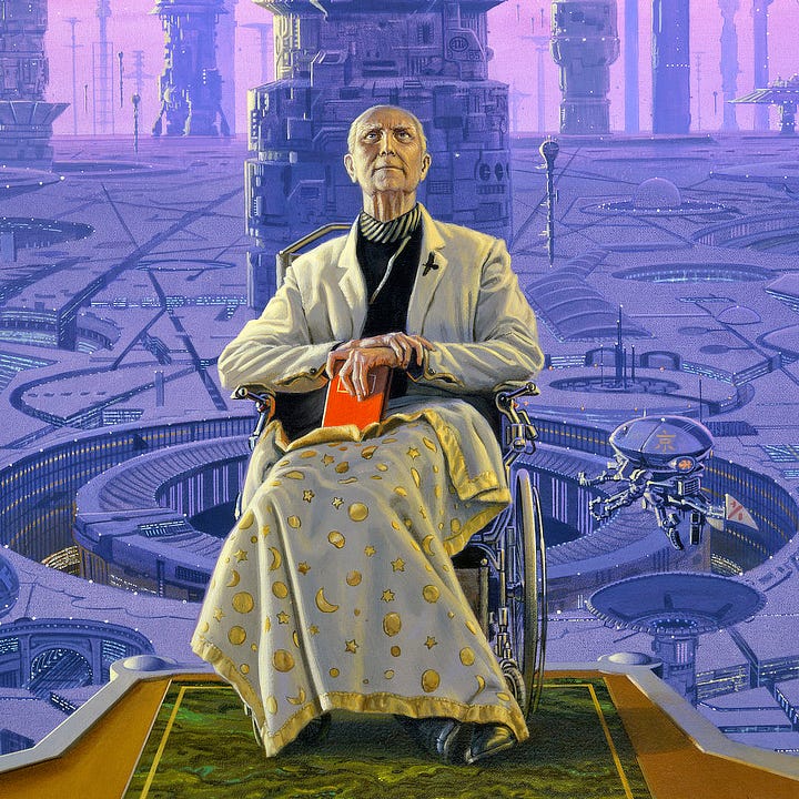 LEFT: Close detail of Hari Selden sitting in a wheelchair with a red book propped on his lap. He wears a white jacket with a raven pin on one lapel. Underneath, his shirt is black with a simple round neckline striped with white diagonals. A white blanket trimmed in gold and decorated with stars and planets covers his legs. There is a square of green marble on the platform under him. RIGHT: Detail of the towers of Trantor set against a sky rendered upward in a gradient of pink to peach. The trunk of each tower is different as are the saucers at the top. Some look like bottle caps, others like spaceships.