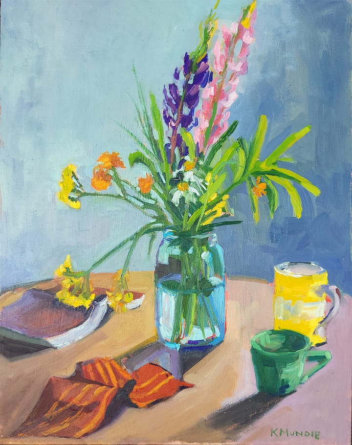 two still life paintings of flowers and two Delaware landscapes by Kate Kern Mundie