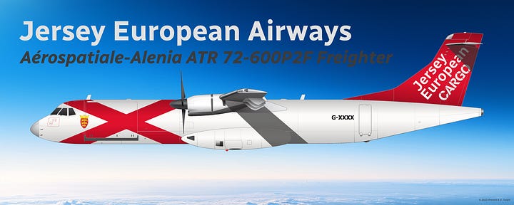 Jersey European Airways Cargo Division fleet as of late 2002: 1) ATR 72P2F, and 2) Dornier 228(CF).