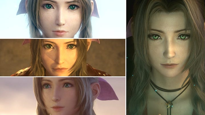 Closed eyes in Remake versus opened eyes in the original, plus comparisons to other instances of pre-rendered Aerith to compare the eye glow.