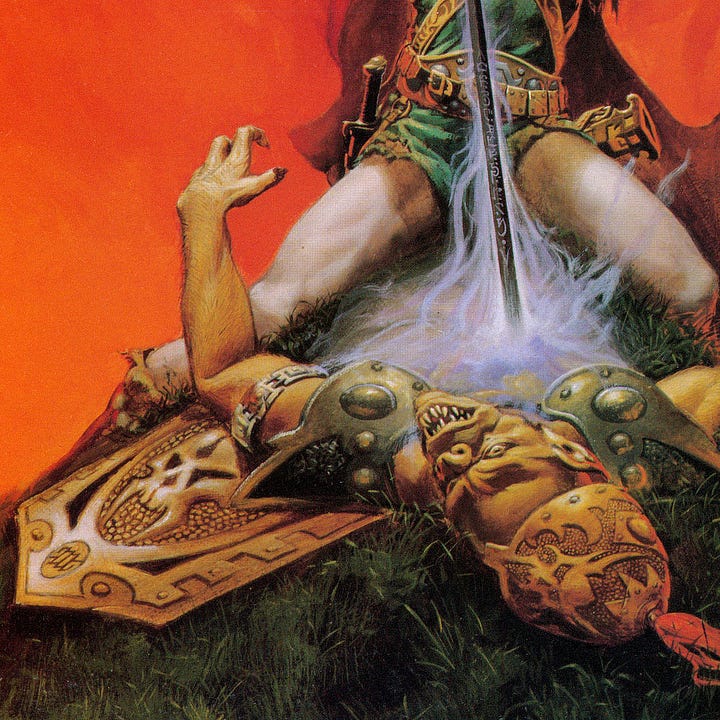 LEFT: Close detail from WHITE WOLF featuring Elric with eyes pressed closed in ecstasy as tendrils of lavender energy climb the rune blade. One hand is on the sword grip, the other on the blade itself with the ornate cross guard descending around his fingers. His tunic is ripped to expose his shoulder and bicep. Another tear exposes his right pectoral. RIGHT: Close detail from WHITE WOLF featuring the orchish foe vanquished by Elric. Its maw is open to expose pointed teeth as it turns its face to the side. The body appears only shoulders up as if the rest has already been absorbed. Its arm rests on a bronze shield decorated with an inhuman skull. A pair of tusks descend from the maxilla. Below, the artists stylized MW symbol sits on the lower point of the shield. Lavender tendrils taper up from the ground where the black sword is embedded point down. The energy drawn takes a shape reminiscent to a river delta with many streams converging into one.