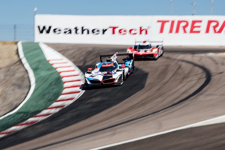 Photos of BMW M Team RLL cars attacking the track at Laguna Seca for the Monterey round IMSA sportscar championship in May 2025. Photos by Walter Fulbright.