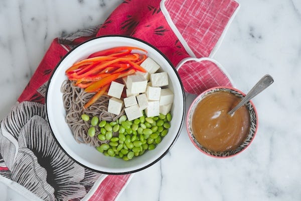 Salmon or Tofu Teriyaki Dinner, featuring One Potato Teriyaki Sauce and light Soba Noodle Dressing