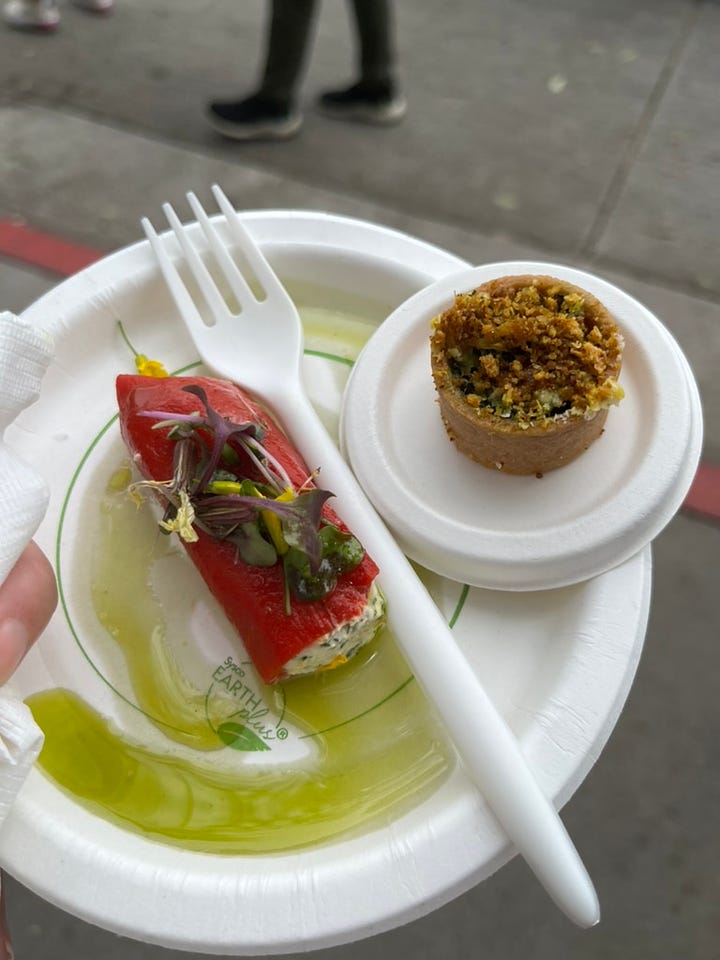 Photo 1: Man cutting brisket, Photo 2: plate with a stuffed pepper with edible flowers and a small tart with breadcrumb topping