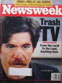 On the left, a view of white supremacists on Geraldo's television show; on the right, the cover of Newsweek magazine, a photo of Geraldo's broken nose