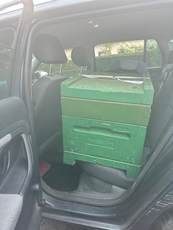 two pictures of a green beehive: one in the boot and one balanced precariously on the back seat of my car.