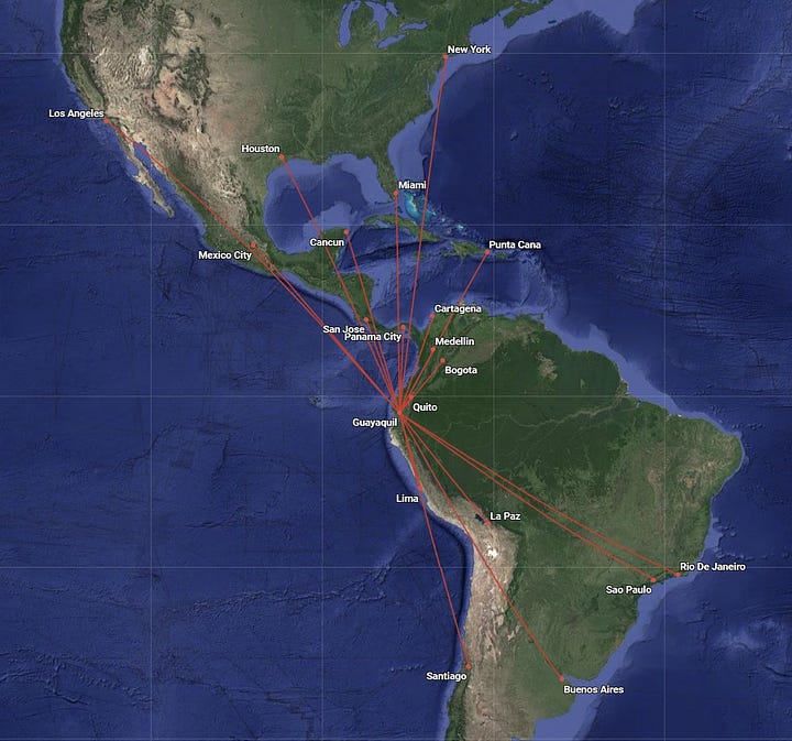 Route Maps displaying route networks for Guayaquil-GYE (L) and Quito-UIO (R).