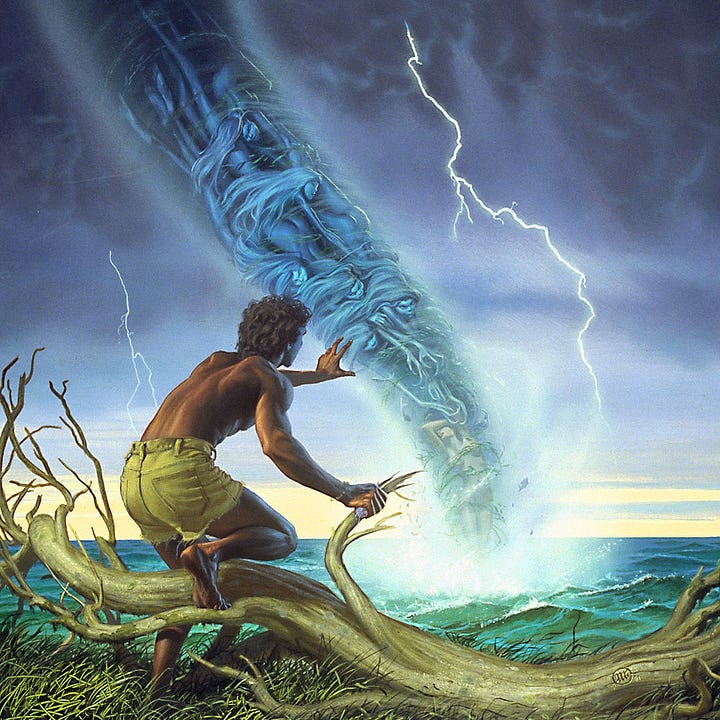 LEFT: Detail from JOURNEY BEHIND THE WIND featuring a dark skinned man in cut off shorts stepping over a driftwood tree. With one hand, he reaches toward a cyclone touching down just off shore. The other hand anchors on a broken tree branch. His feet are bare, and he wears a simple woven bracelet on his wrist. RIGHT: Close detail from JOURNEY BEHIND THE WIND featuring the cyclone touching down just off shore. At the bottom of the vortex, a woman in distress covers her eyes with her arm as twisted spirits reach down the funnel toward her. The naked forms of the spirits sometimes appear human but lower down the faces distort and limbs elongate. Forks of lightning spark against stormy clouds over turbulent green water.