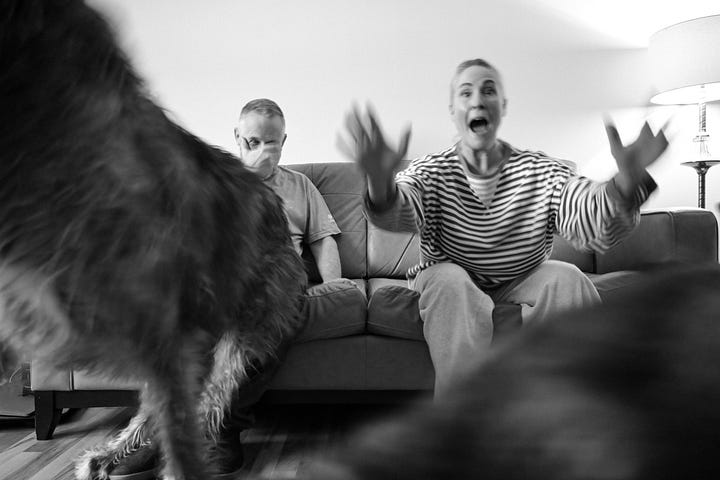 Husband Brad and I create some New years chaos and photos with the dogs in our living room.