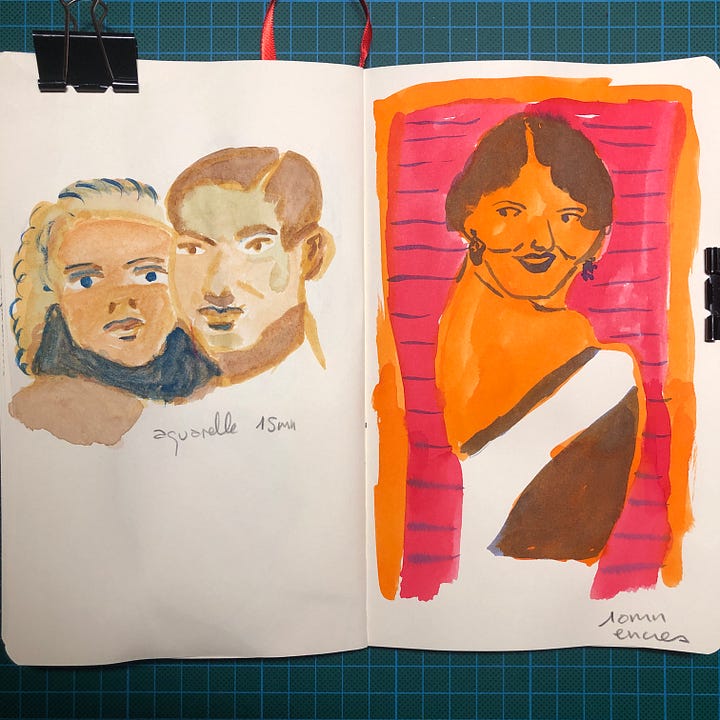 Photos des doubles-pages de mon sketchbook où l’ont voit les portraits peints durant la session. Les matériaux utilisés et les temps consacrés à chaque dessin sont indiqués à côté de chaque portrait.