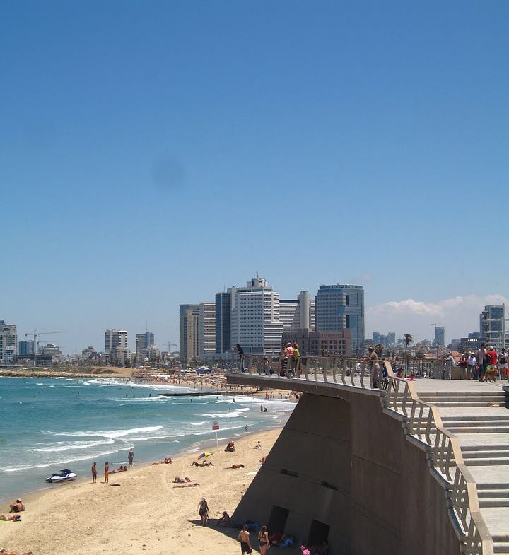 Left: view of Tel Aviv beach and boardwalk. Right, flowering orchids
