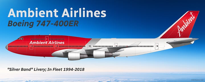 A selection of former Ambient fleet aircraft: 1) Airbus A340-300 (Silver Band); 2) Airbus A380 (Audiowave); 3) Boeing 747-200 (Silver Band); 4) Boeing 747-400ER (Silver Band); and 5) Boeing 747-8 Intercontinental (Audiowave) - all shown in side view. 