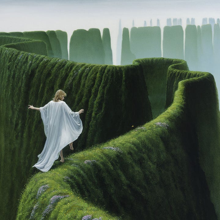 LEFT: Detail from EDGEDANCER featuring the woman in white linen shawl with the high grassy ridge winding in front of her until it fades in the hazy distance.  RIGHT: Close detail from EDGEDANCER of a woman with shoulder length blonde hair wearing a white linen shawl. Her arms are out for balance as she high steps along a high grassy ridge.