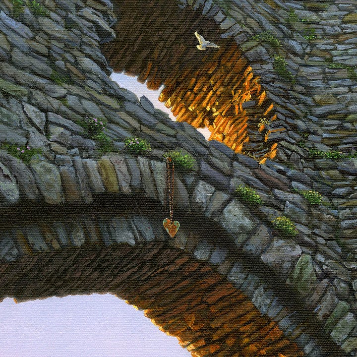 LEFT: Detail from FLIGHT OF DISCOVERY featuring view nearly straight up of a dove gliding through the windowed opening of Castle Pennard. The stonework arch is lit with the golden orange of sunset. Above a castle wall marked with clumps of wildflowers growing in the stonework, a crescent moon hangs in lavender and blue sky. RIGHT: Close detail from FLIGHT OF DISCOVERY featuring a flat metal heart hanging from a clump of wildflowers growing above the keystone of a ruined castle archway. With wings spread, a dove glides through the windowed opening above as the golden tint of sunset suffuses the uneven stones.