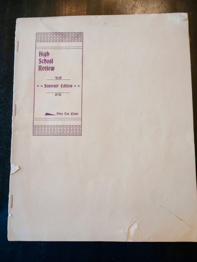 Simple booklet, about width and length of a normal yearbook, except it's just papers  stapled together. 1982 yearbook with dragon logo in purple