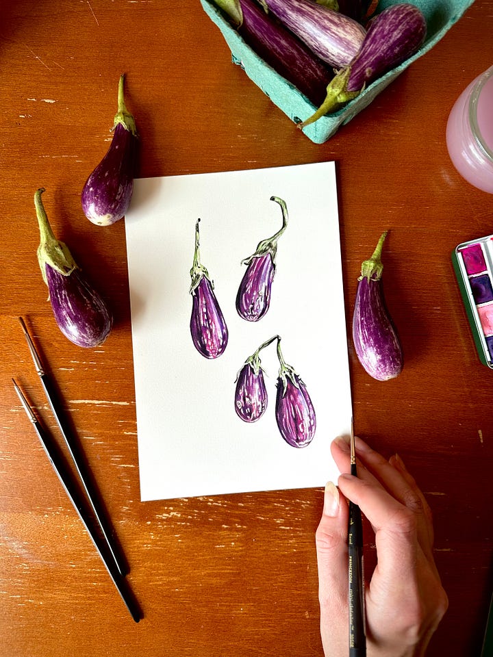 images of 4 mini paintings from top right- gardenia flowers, a gingko leaf, ruby moon hyacinth beans and fairytale eggplant