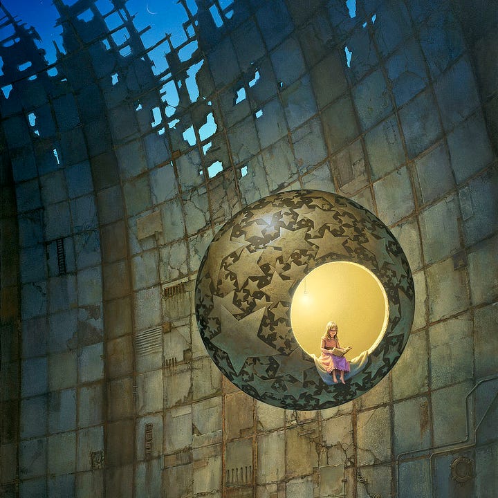 LEFT: Detail of a stone sphere hanging suspended in air in front of a paneled concrete wall. A girl ink pink dress sits in the circular opening of the sphere with a warm glow of light behind her. RIGHT: Close detail of a girl in pink dress sitting with a book in her lap while dangling her feet out of the opening in a suspended sphere covered in stars.