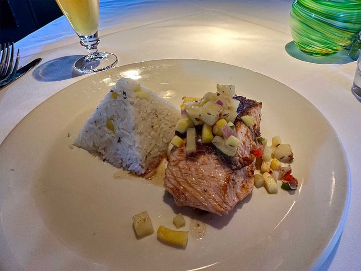 Photos of salmon served with accompaniments in two different restaurants.