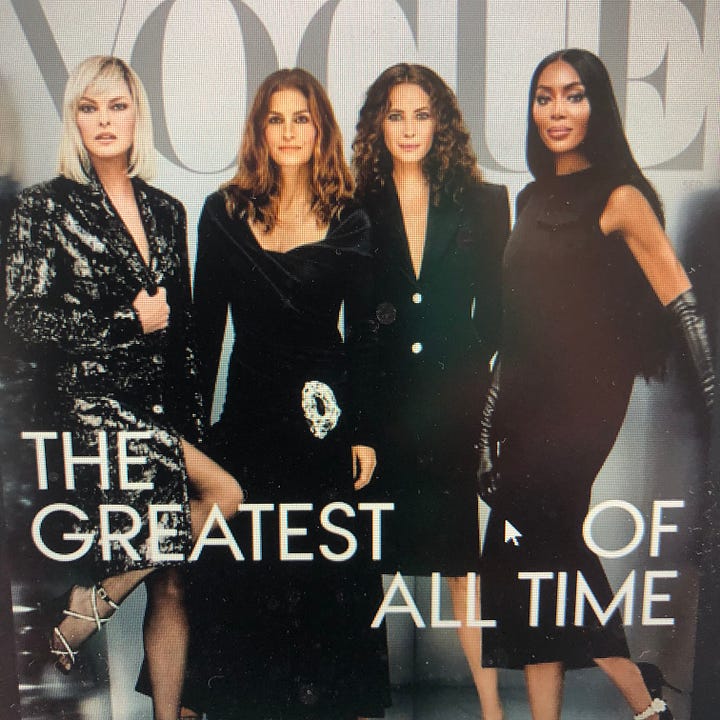 Vogue cover with 50-something super models; photo from And Just Like That showing all the main protagonist