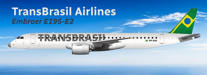 The current TransBrasil Airlines fleet: 1) Embraer E195-E2, 2) Embraer E195.