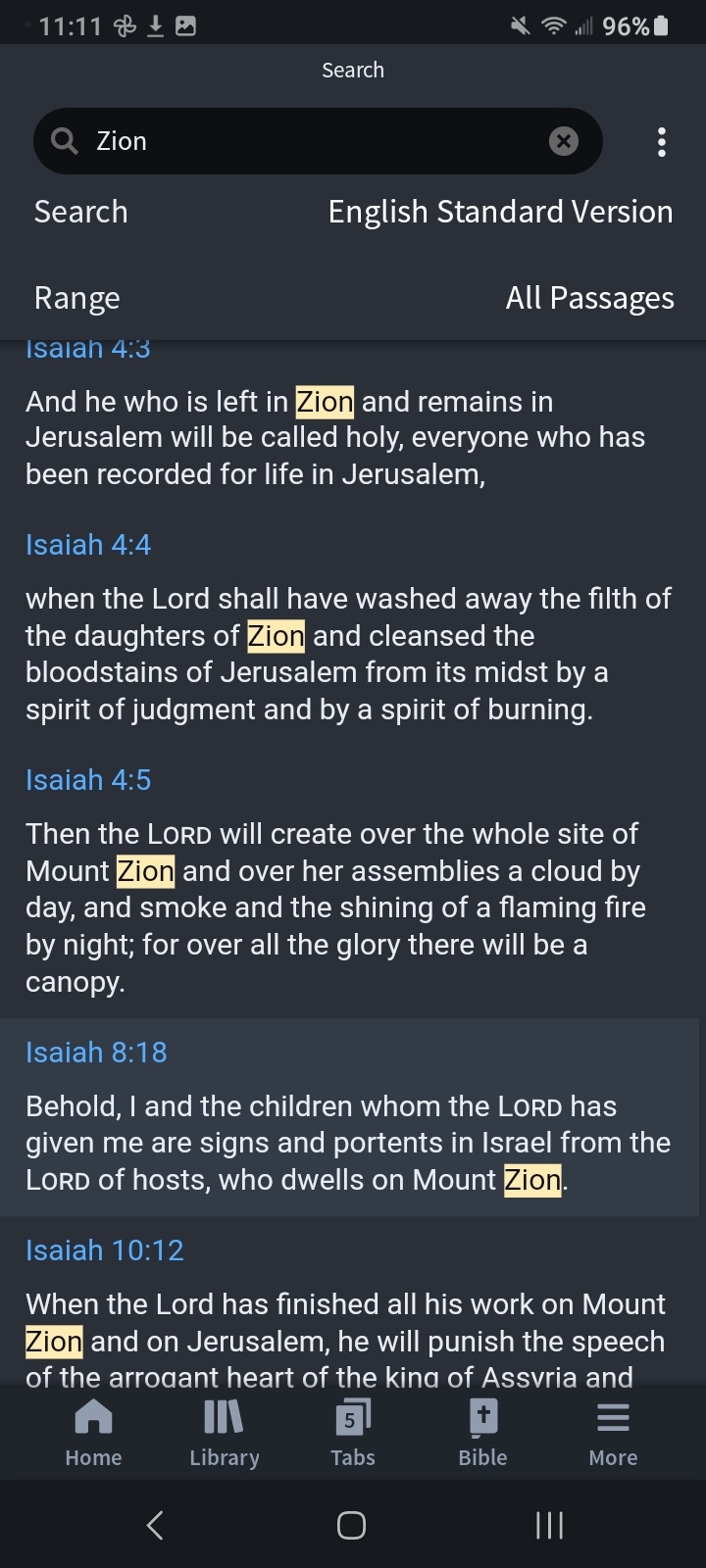 A small sampling from my word search on Zion in the Faith Life Bible app.