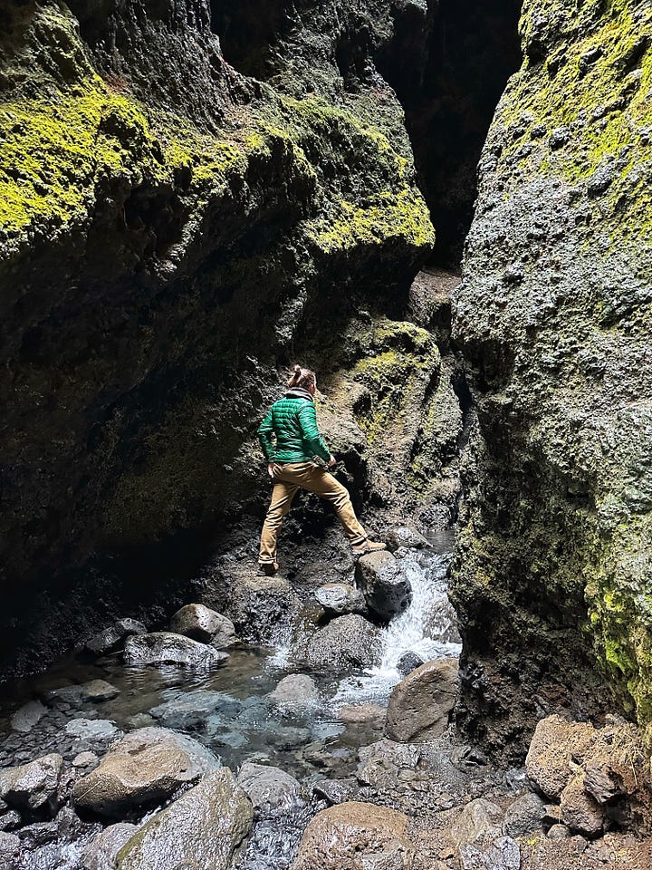 Four images from Rauðfeldsgjá Gorge - clockwise from top left. Ryan in brown pants with a green down jacket standing on rocks ready to enter the second, smaller opening inside the gorge, a close up of the green moss walls and large icicles, the layers of green, gold, black and rusty red color to in the hills next to the gorge, looking up from the streambed inside to the curving opening to the sky above.