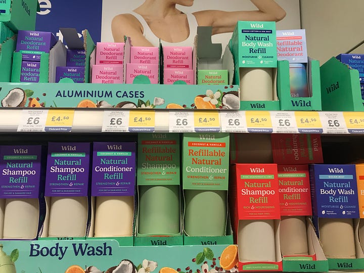 Bright images of refillable deodorant, packaging details promoting long lasting aluminium re-usable deodorant cases and wooden clothes pegs on sale; all images from local store shelves