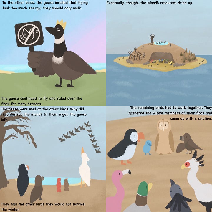 A comic by undergraduate student Bethany on a group of birds who ban together to make an island habitable