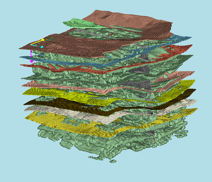 Viewing mesh intersections with a volumetric cube; using those meshes to seed the initial volumetric labeling.