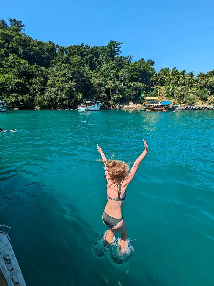 A photo of each traveler jumping into the water, followed by all three of them smiling and toasting beers with the water in the background